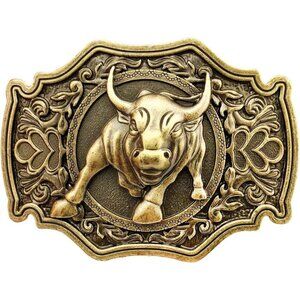 🆕Men's Gold Imported QUKE Long Horn Bull Rodeo Western Cowboy Belt Buckles